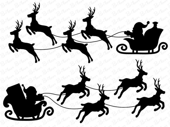 Silhouette Santa and Reindeer Flying Graphic Illustrations By PurMoon