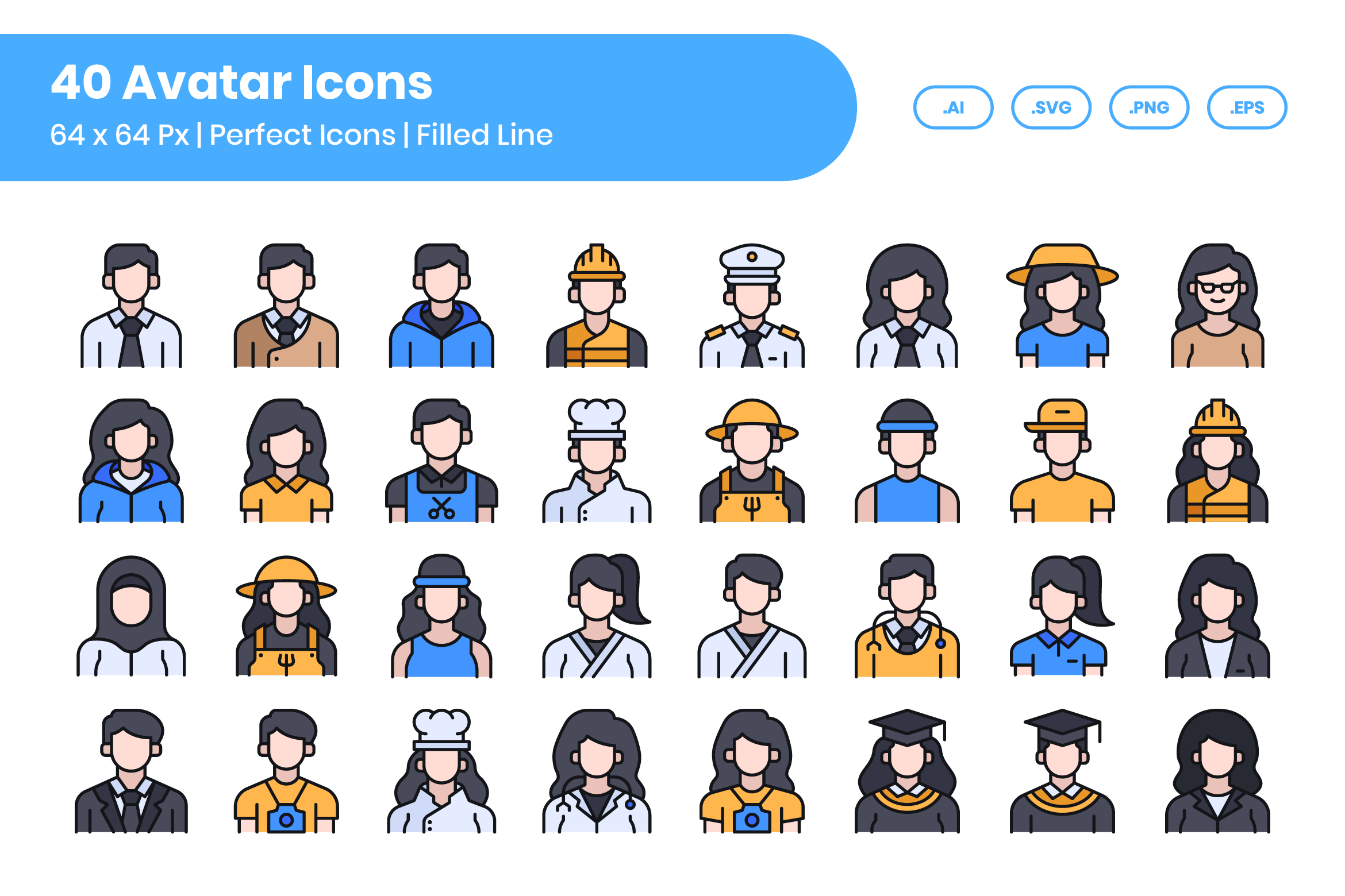 40 Avatar Icons - Filled Line Graphic by kmgdesignid · Creative Fabrica