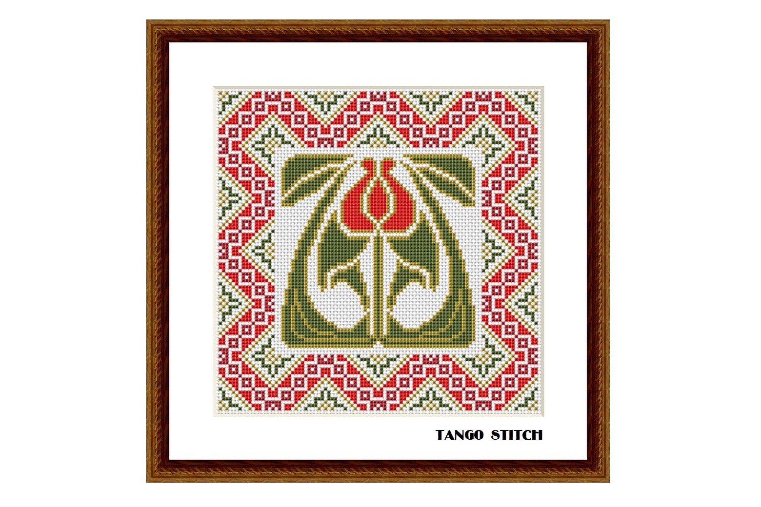 Red Art Nouveau Flower Easy Cross Stitch
