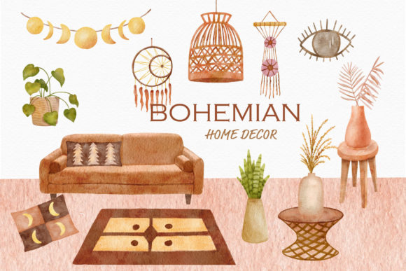 Boho Room Clipart Watercolor House Decor Gráfico Ilustraciones Imprimibles Por JoyDigitalDesign by Elena Platova