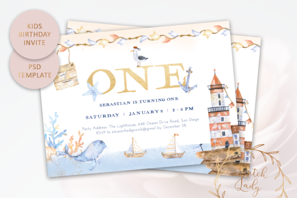 Kids first birthday invitation PSD design for a one-year-old party