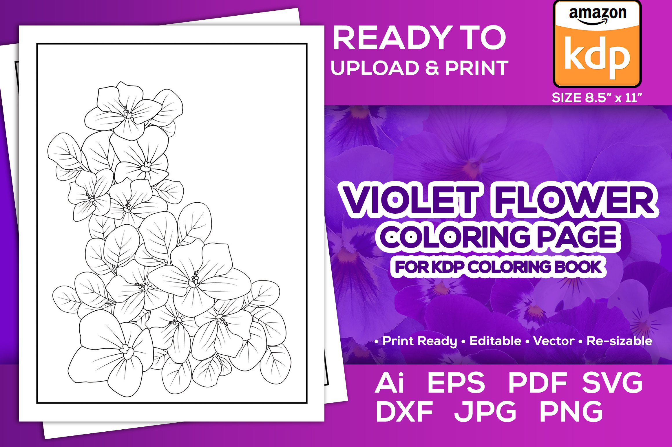 Violet Flower Coloring Page Book for Kdp Graphic by TeamlancerBD ...