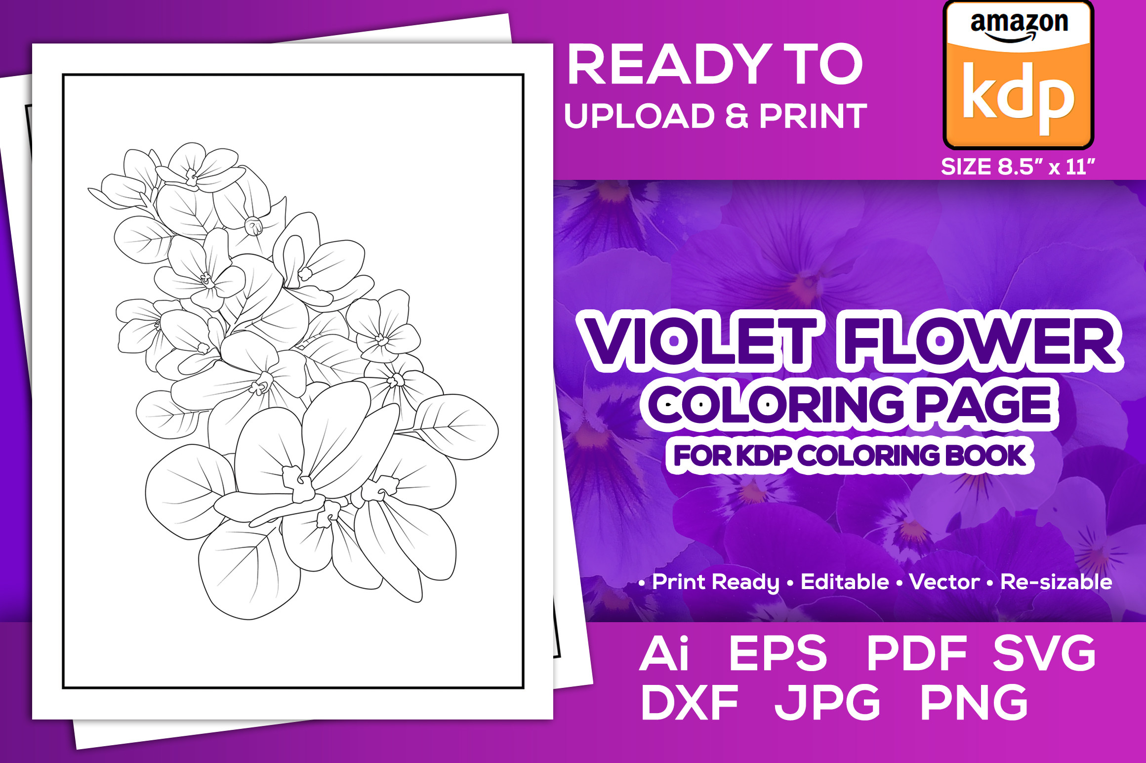 Violet Flower Coloring Page Book for Kdp Graphic by TeamlancerBD ...
