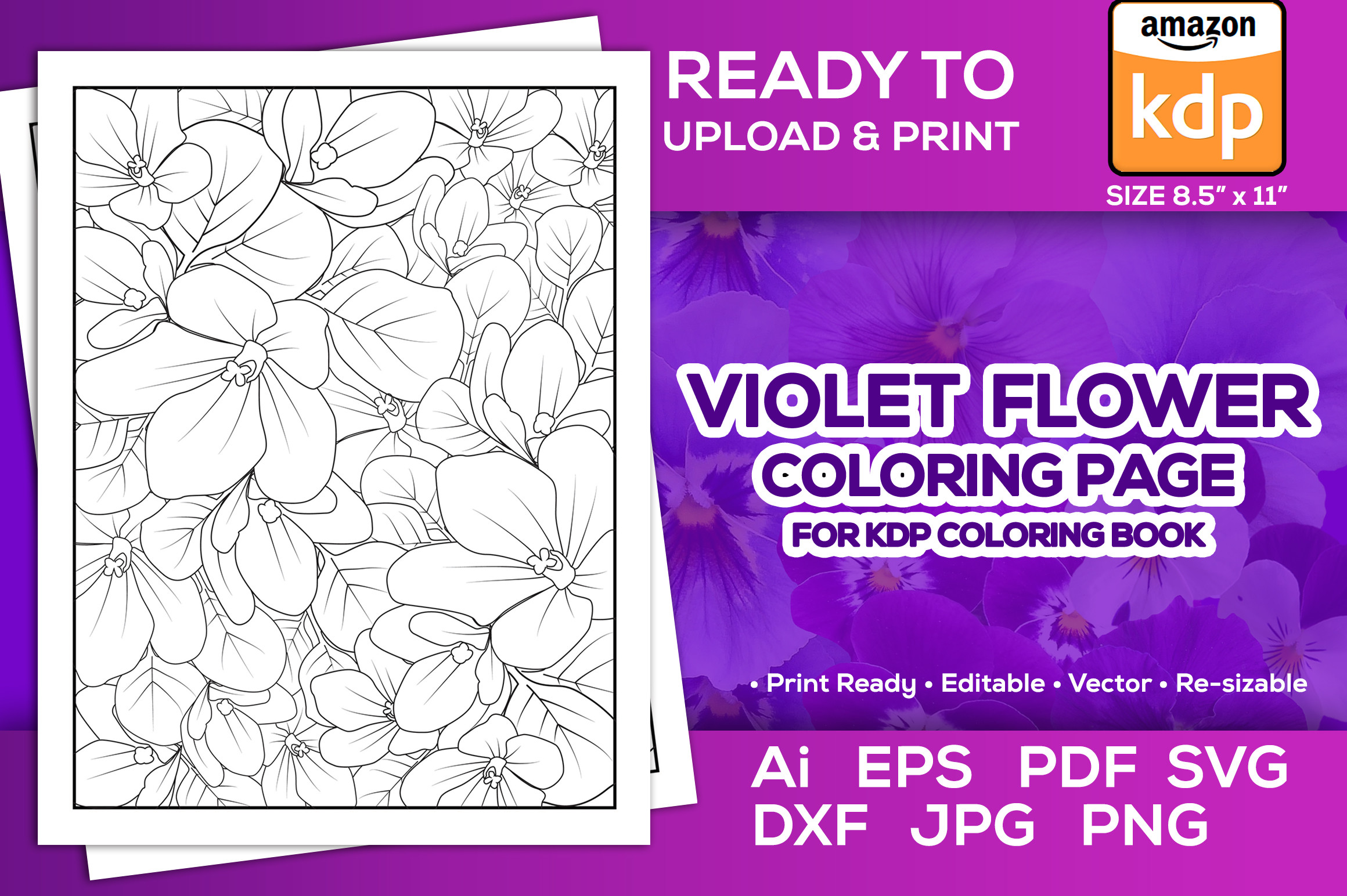 Violet Flower Coloring Page Book for Kdp Graphic by TeamlancerBD ...