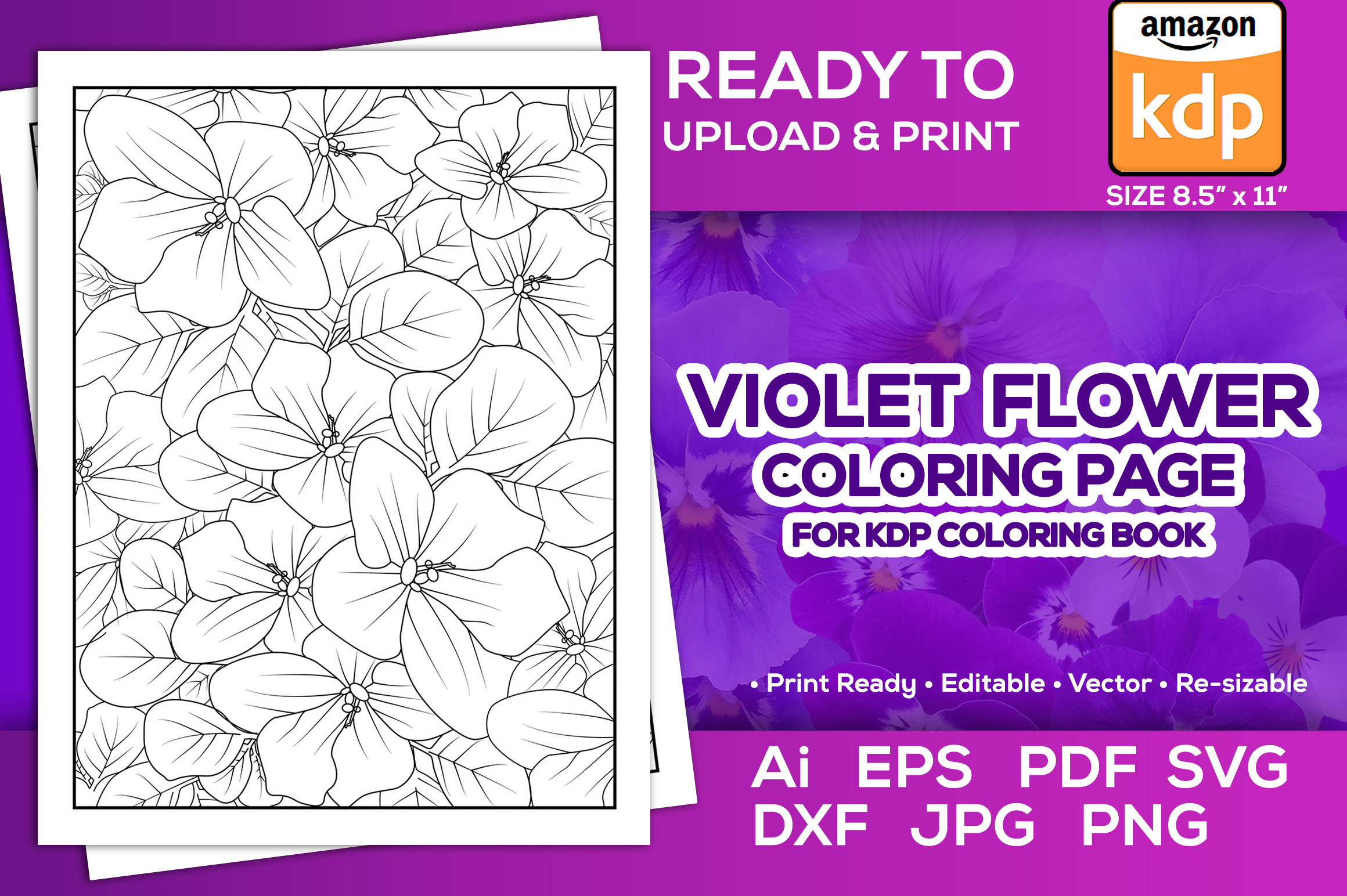 Violet Flower Coloring Page Book for Kdp Graphic by TeamlancerBD ...