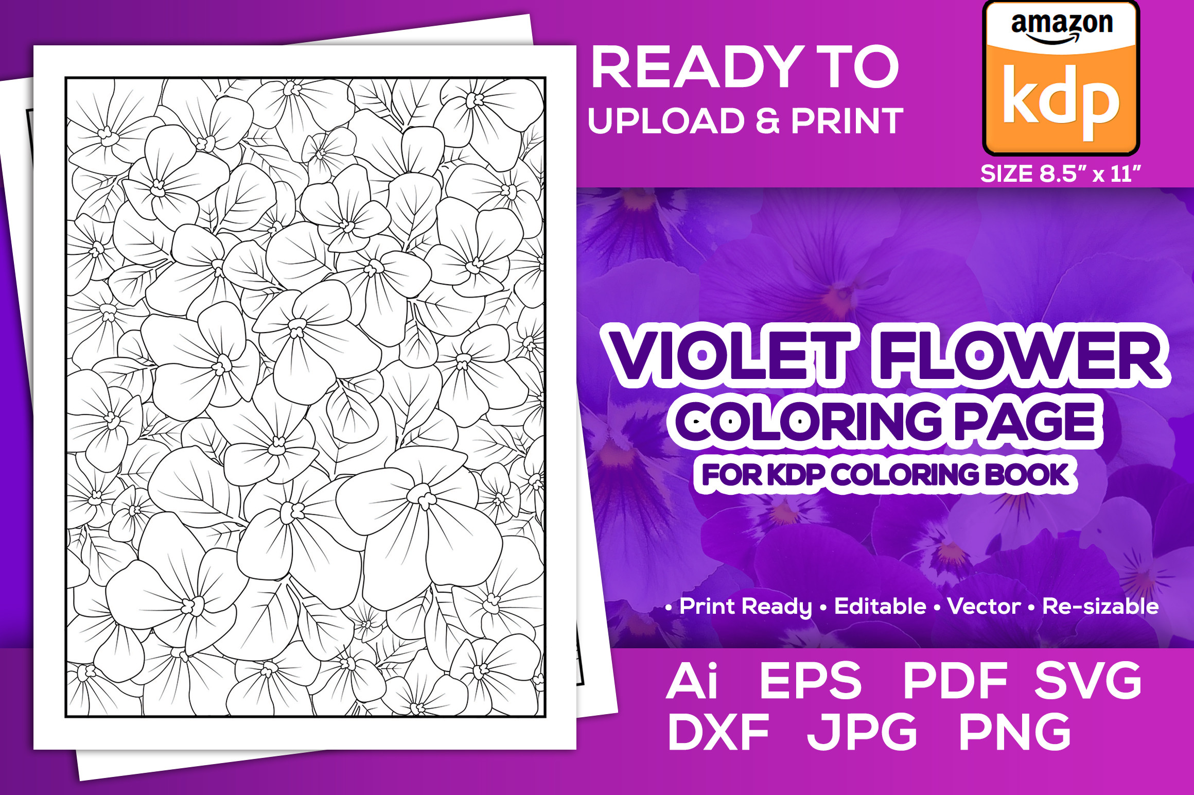 Violet Flower Coloring Page Book for Kdp Graphic by TeamlancerBD ...