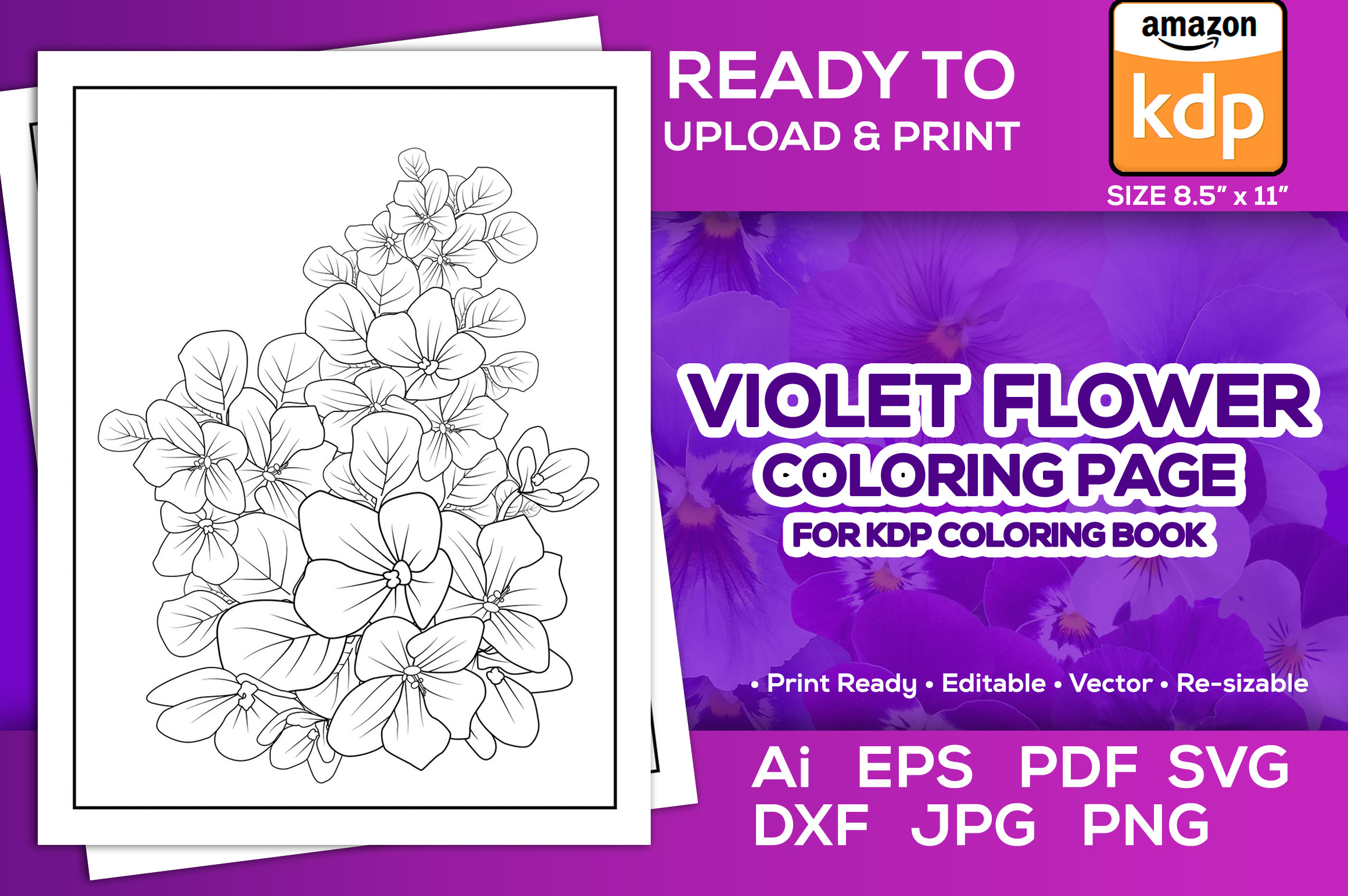 Violet Flower Coloring Page Book for Kdp Graphic by TeamlancerBD ...