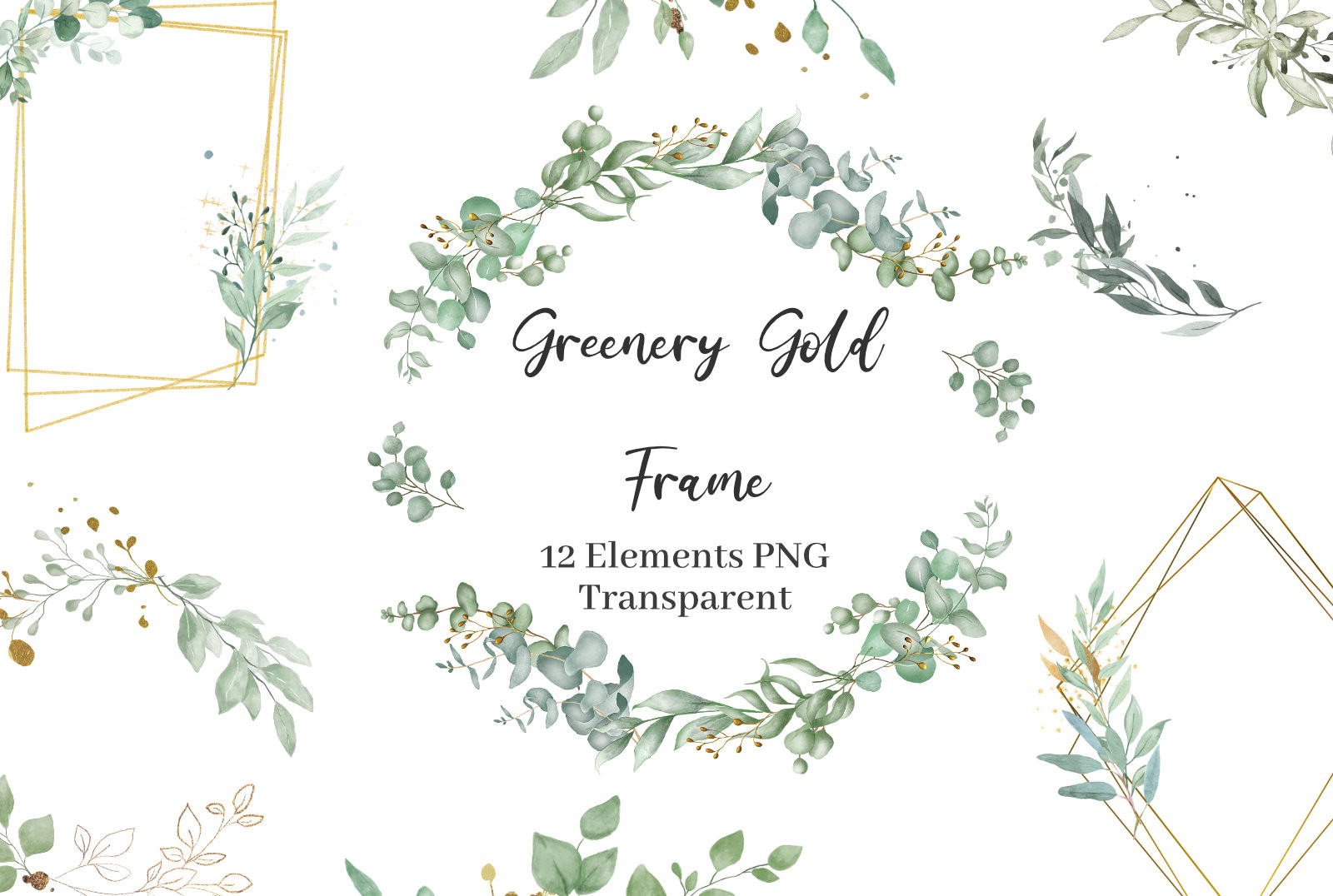 Watercolor Green Gold eucalyptus Geometr