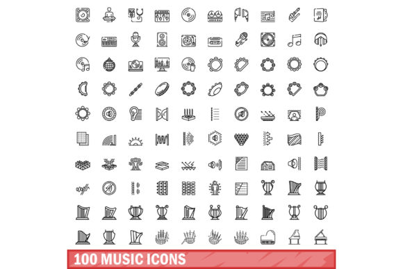100 Music Icons Set, Outline Style