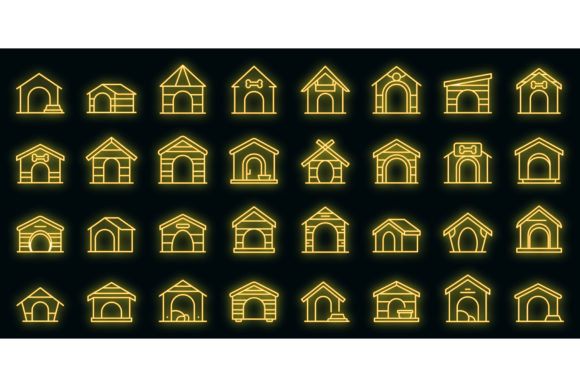 Dog Kennel Icons Set Vector Neon
