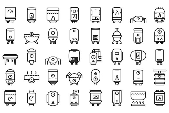 Gas Boiler Icons Set Outline Vector.