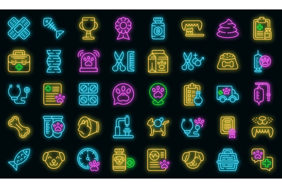Veterinary Clinic Icons Set Vector Neon