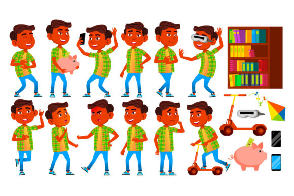 Boy Schoolboy Kid Poses Set Vector.