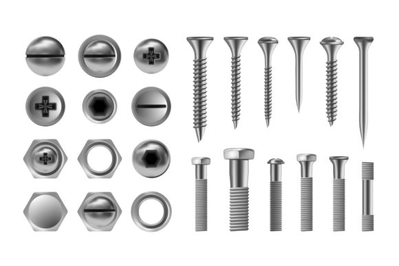 Metal Screw Set Vector. Stainless Bolt.
