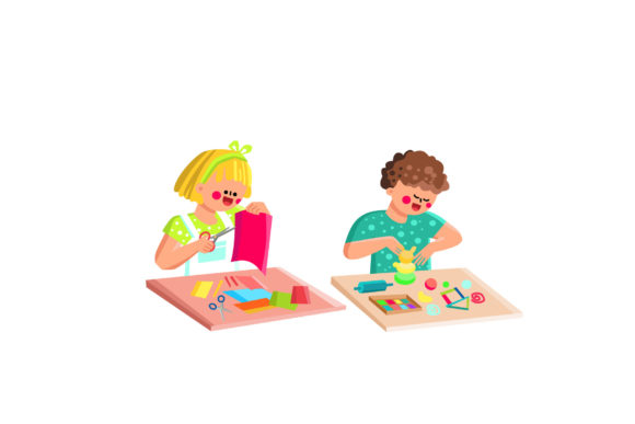 Boy and Girl Kids Crafting in Classroom