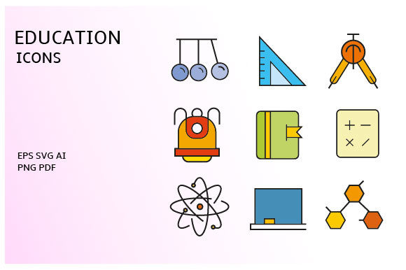 Education School and Subject Icons Set