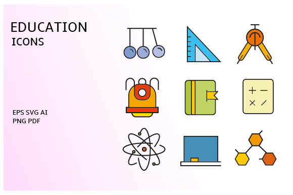 Education School and Subject Icons Set