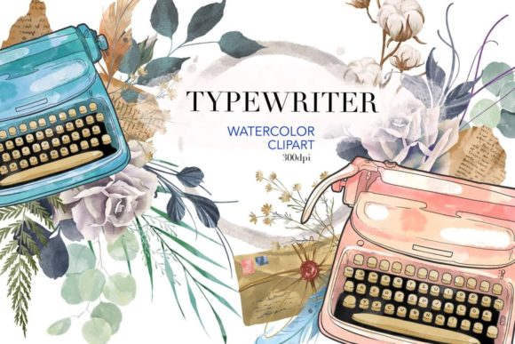 Typewriter Watercolor Writer Clipart. Graphic Illustrations By NKTKNS