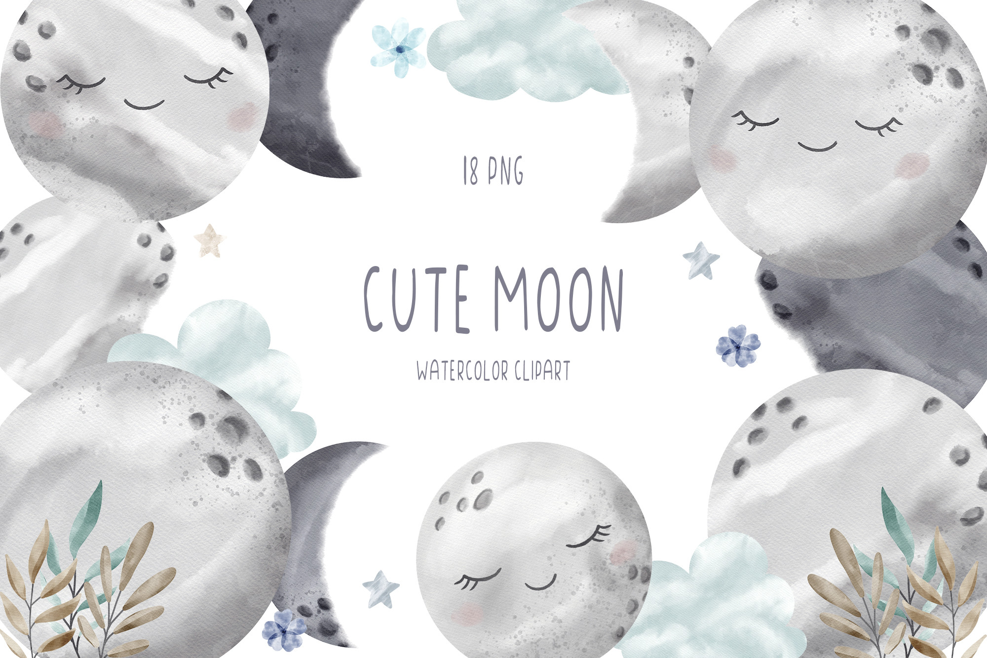 Watercolor cute moon clipart, Space PNG