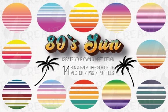 Retro 80s Distressed Tropical Sunsets. Graphic Print Templates By CreartGraphics