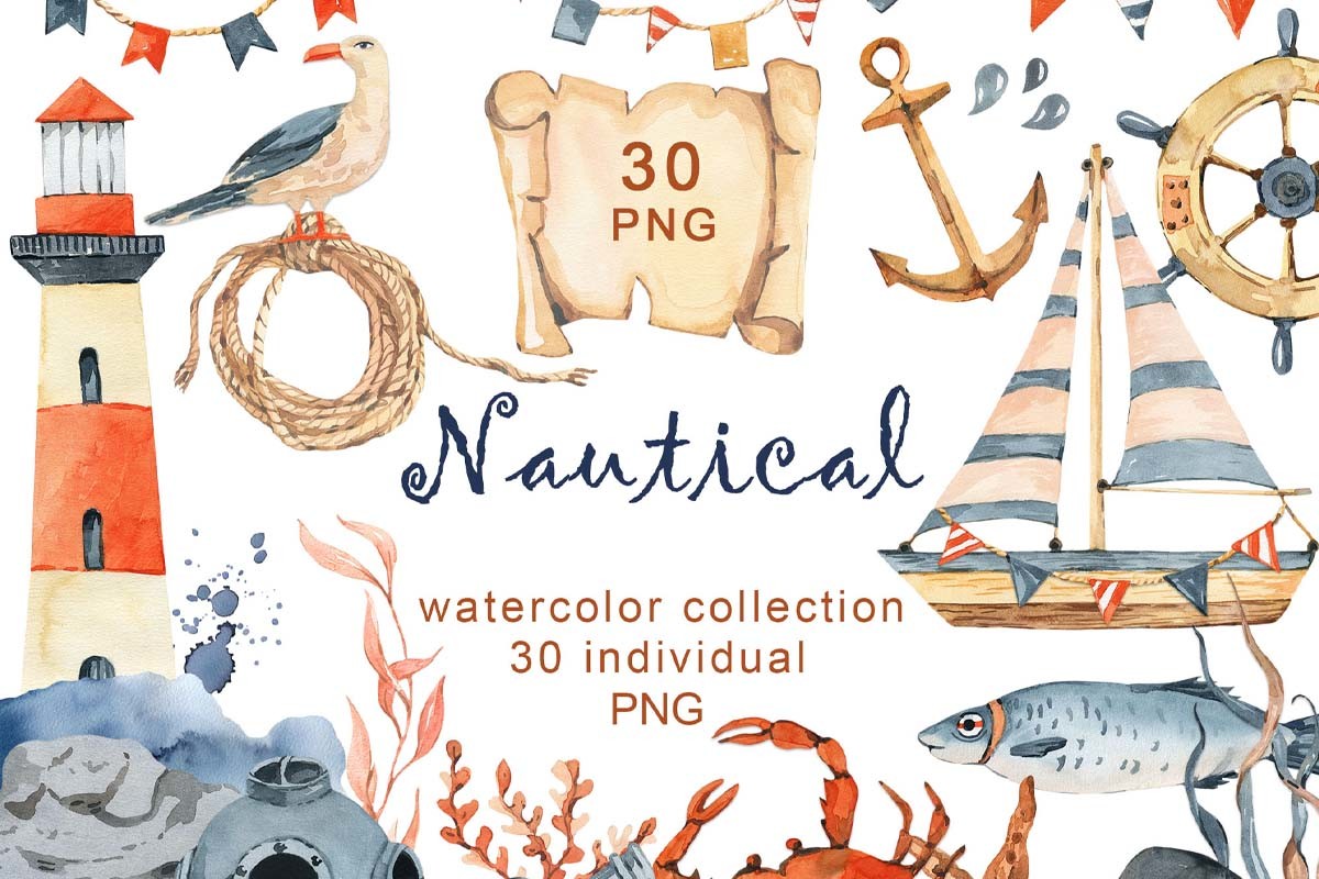 Watercolor Nautical Clipart - photo 1