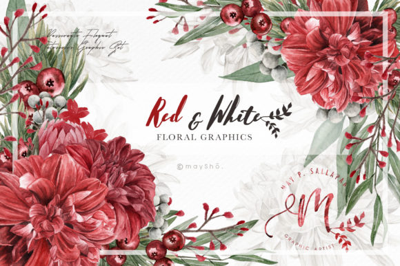 Red, White Watercolor Flowers Collection