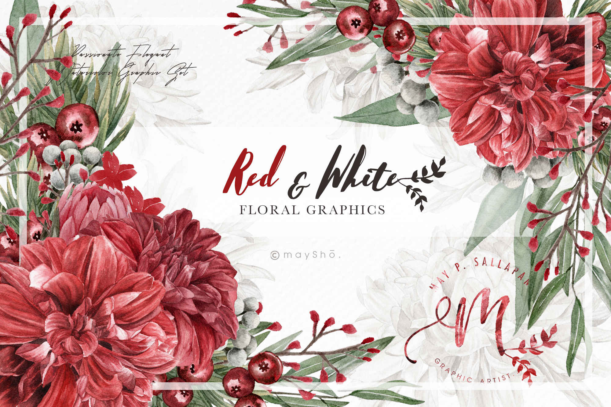 Red, White Watercolor Flowers Collection