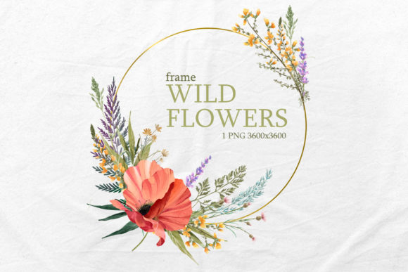 Watercolor Wild Flowers Wreath Clipart. Graphic Illustrations By NKTKNS