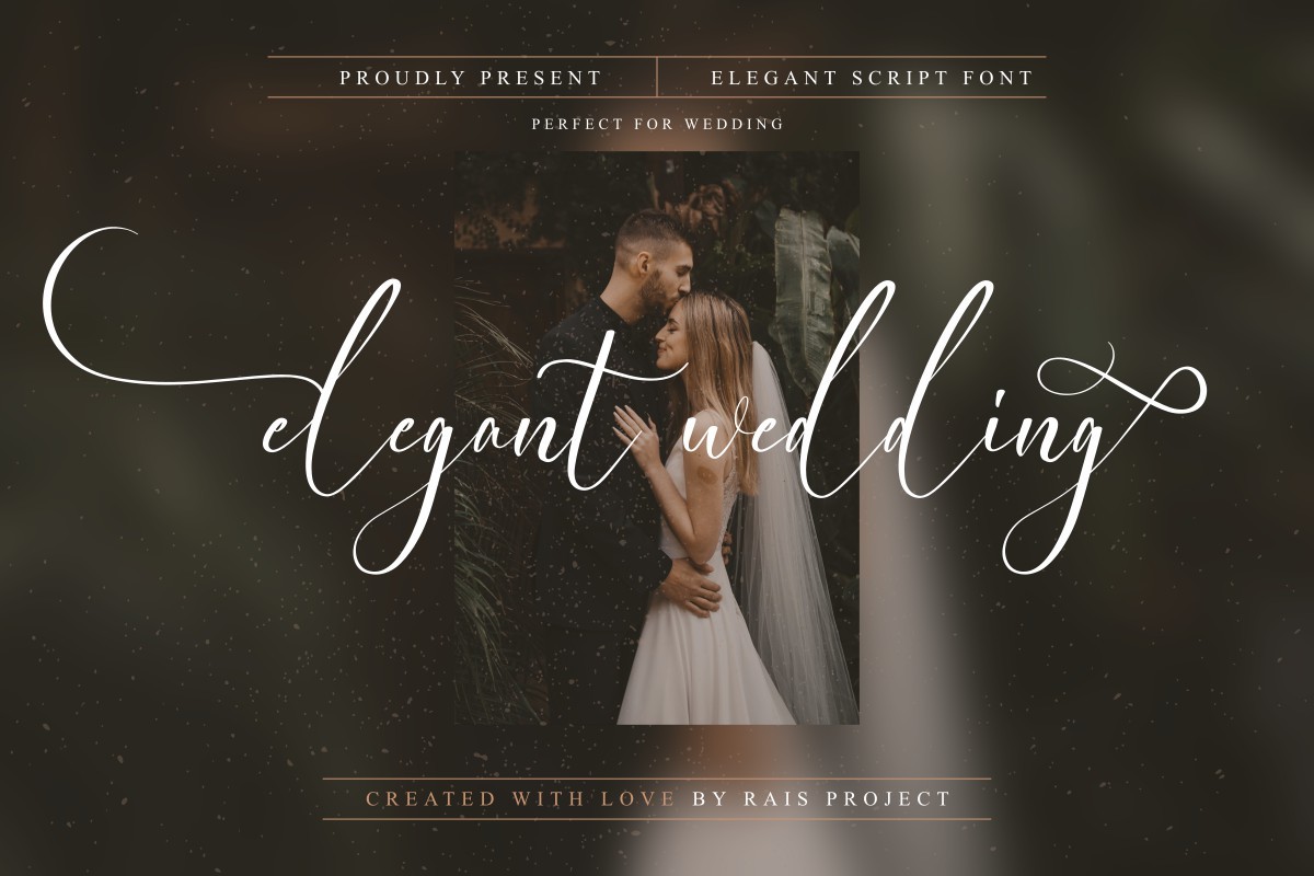 Elegant Wedding script font preview beside a bridal portrait