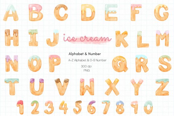 Ice Cream Watercolor Alphabet and Number Graphic Illustrations By iJStudio
