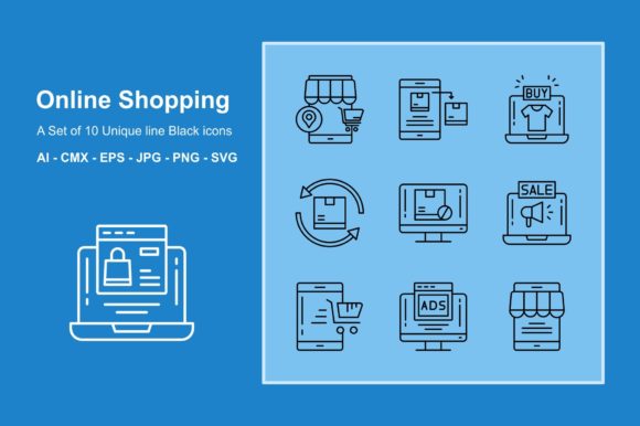 Online Shopping Line Black Icon Set Graphic by JM Graphics · Creative ...