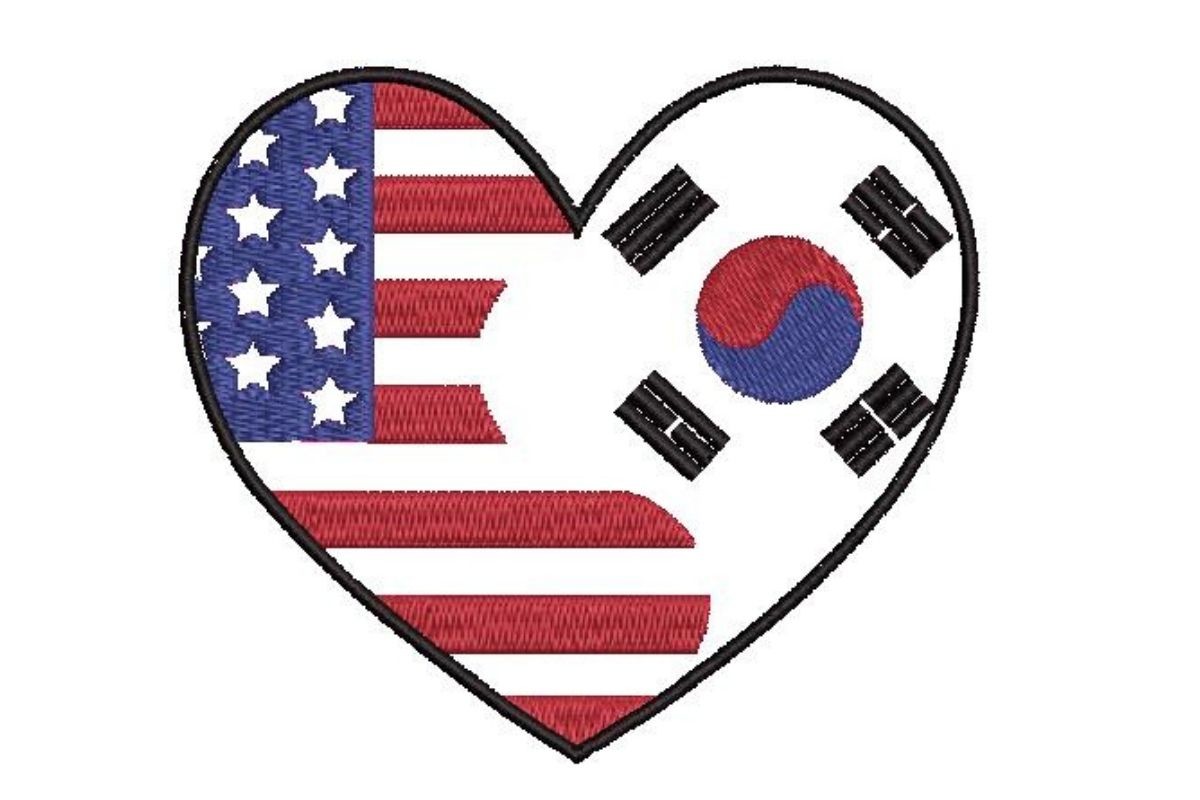 A Heart Design with Both Flags of USA and South Korea