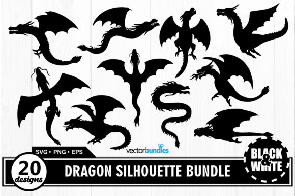 Dragon Silhouette Bundle Black and White