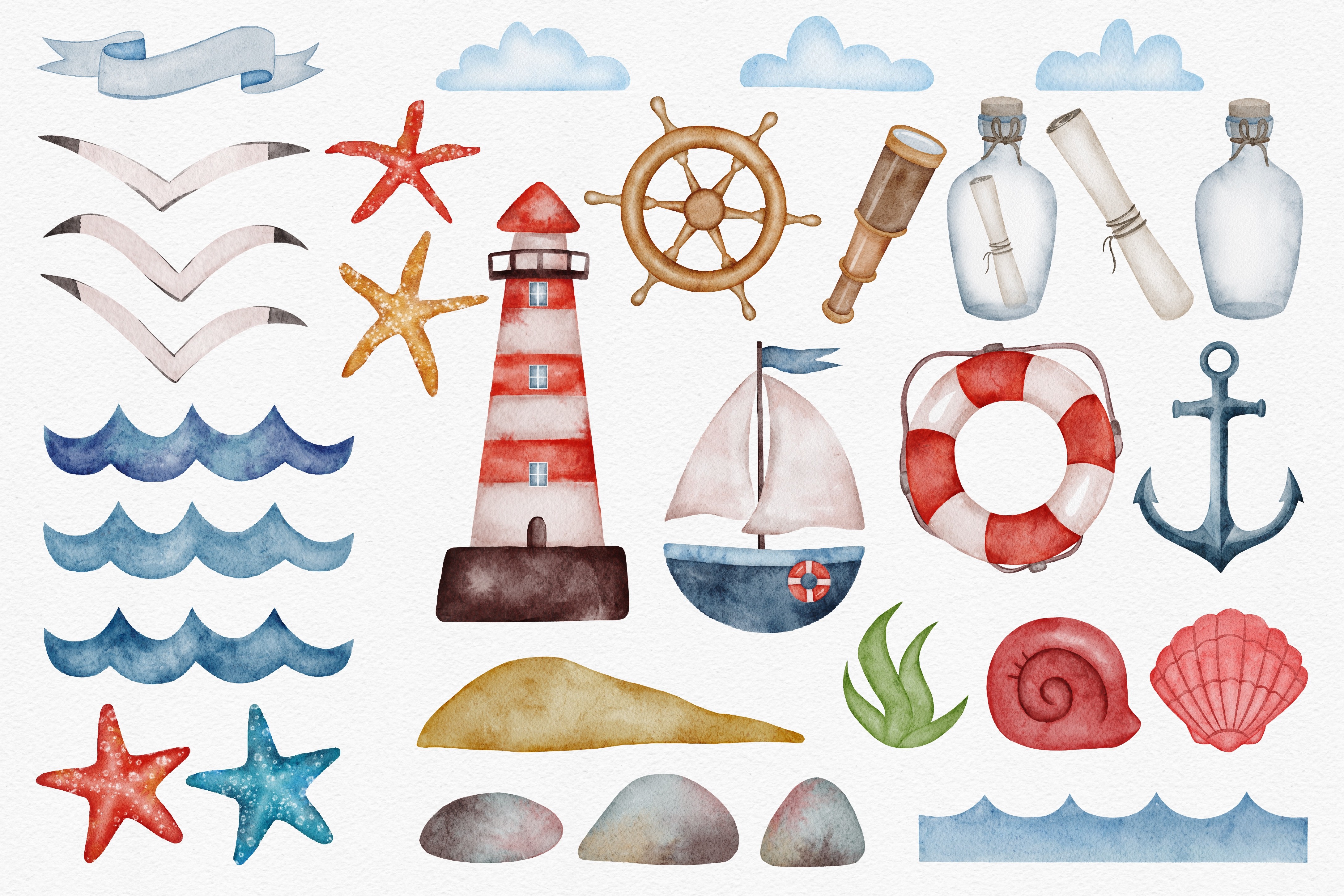 Nautical Watercolor Clipart Ocean Sea - photo 2