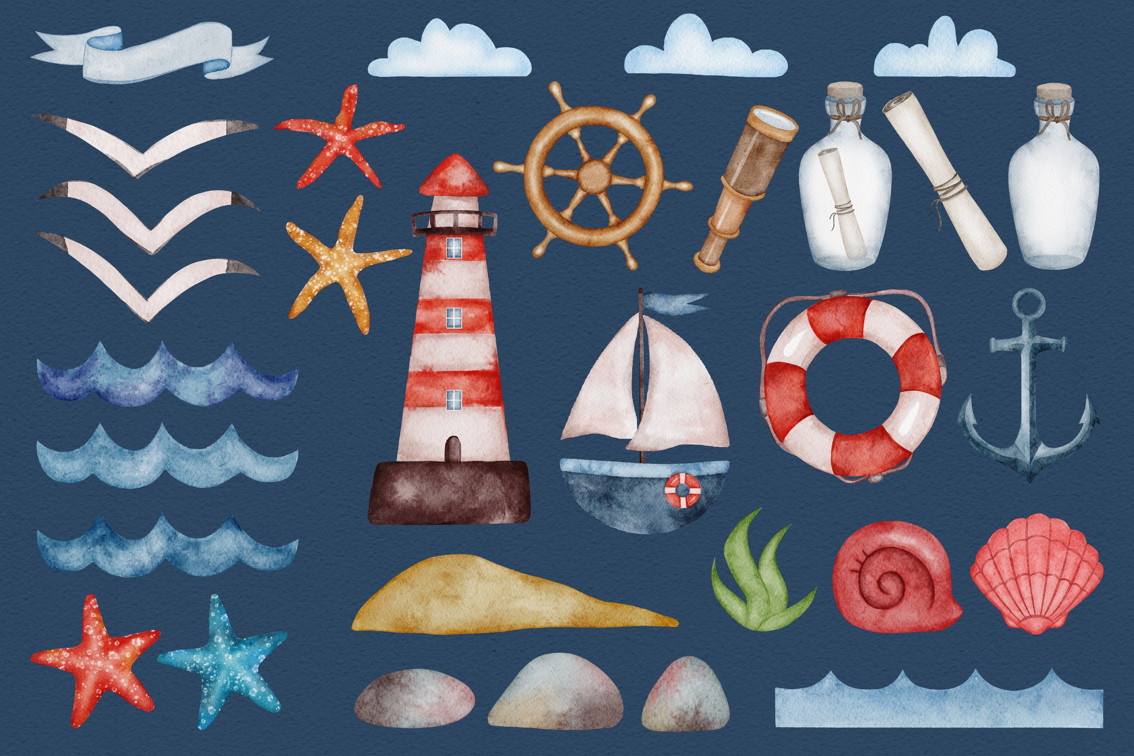 Nautical Watercolor Clipart Ocean Sea - photo 3