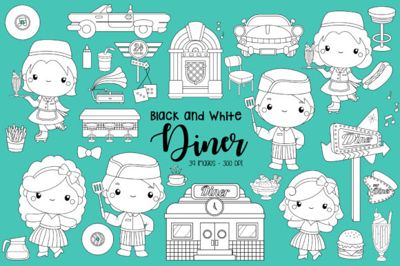 Black and White Retro Diner Clipart