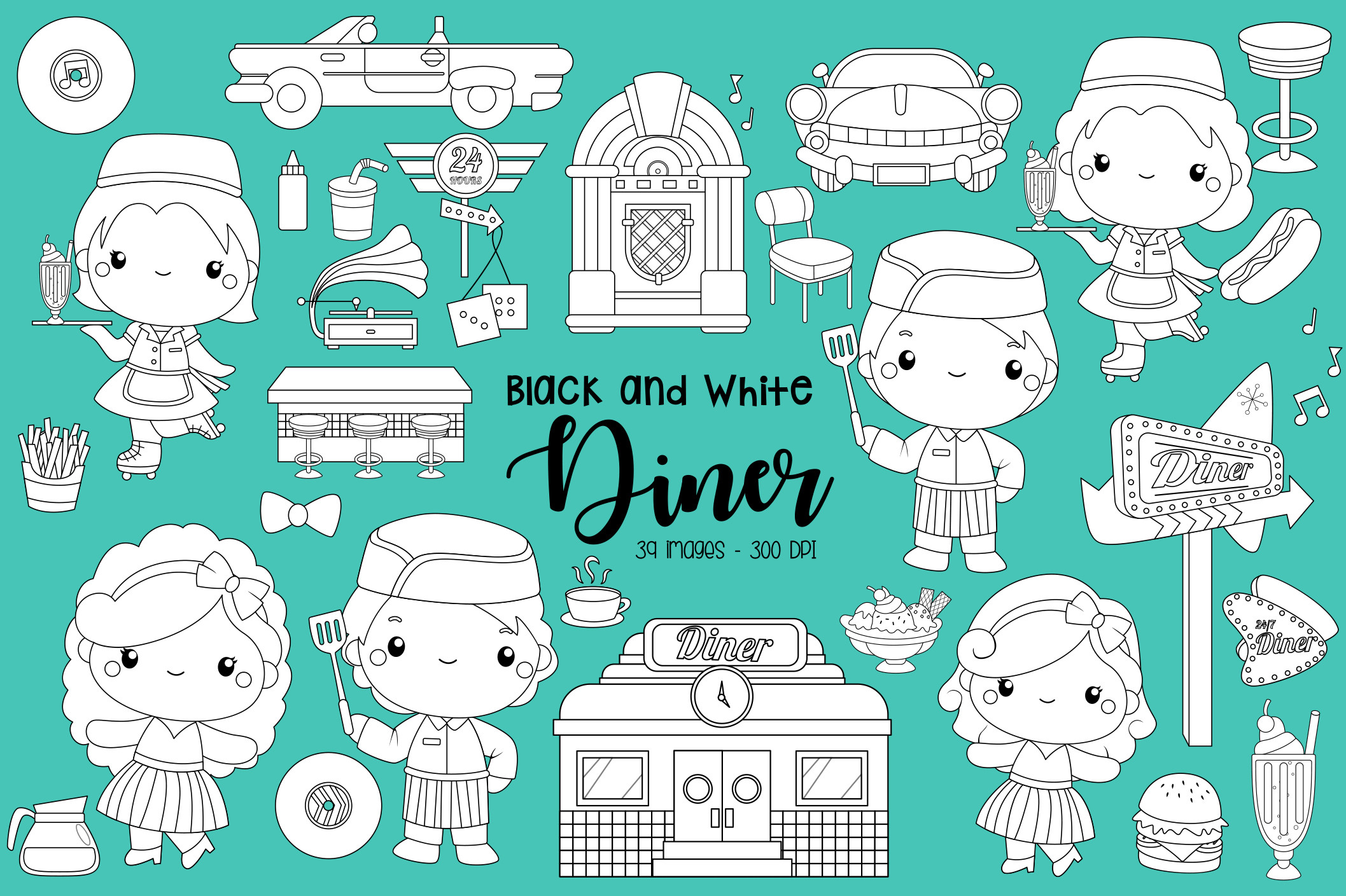 Black and White Retro Diner Clipart