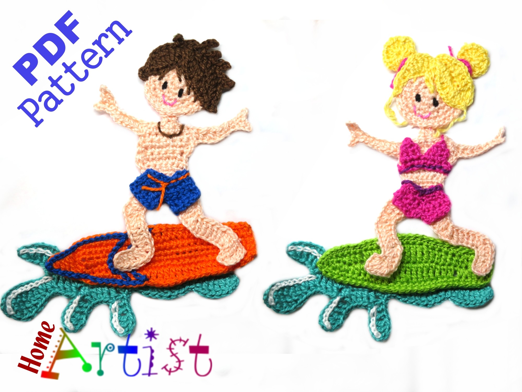 Surfer Boy & Girl Crochet Applique