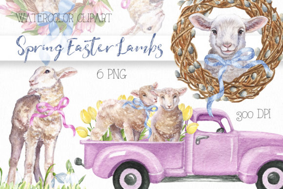 Watercolor Spring Easter Lambs Clipart. Graphic Illustrations By KaleArtCreative