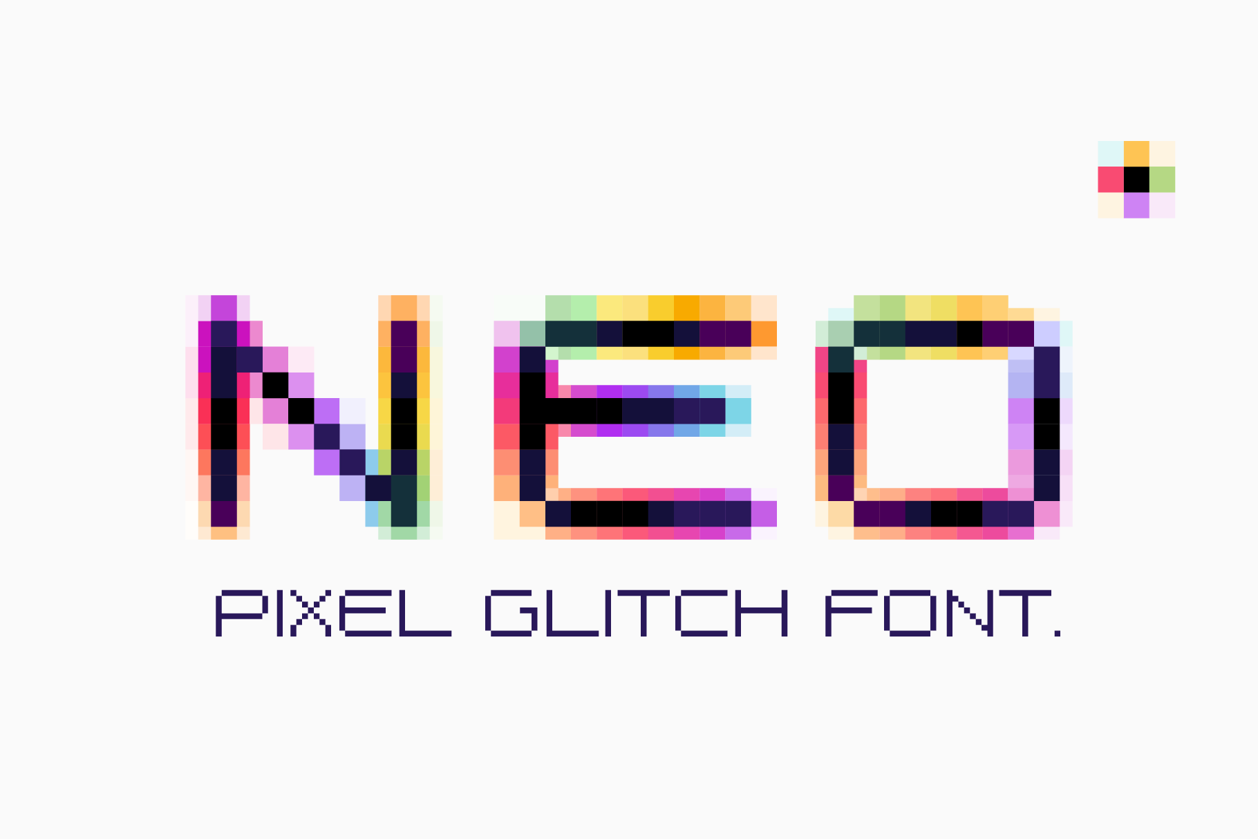 Neo Pixel preview, glitch distorted pixel font with color shift effect