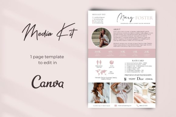 One-page pink Canva media kit with rate card
