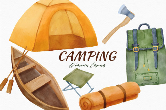 Camping Watercolor Clipart Boat Tent PNG Graphic Illustrations By JoyDigitalDesign by Elena Platova