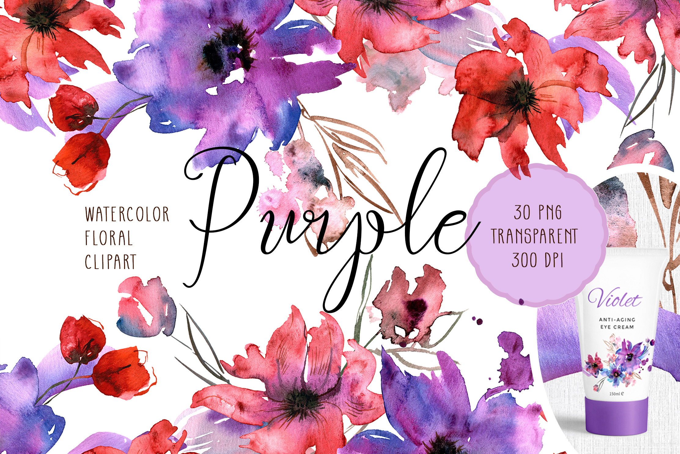 Watercolor Purple and Red Flowers Graphic by DoFloro · Creative Fabrica