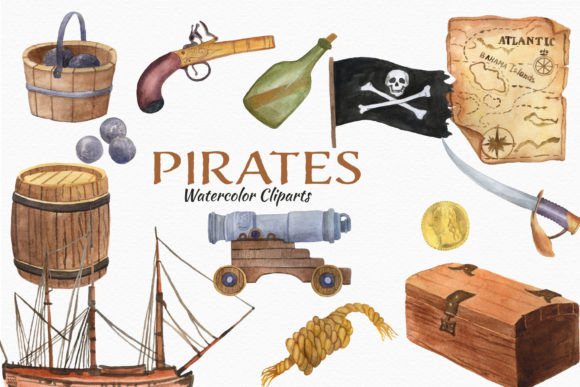 Pirate Watercolor Clipart Ship Weapon Graphic Illustrations By JoyDigitalDesign by Elena Platova