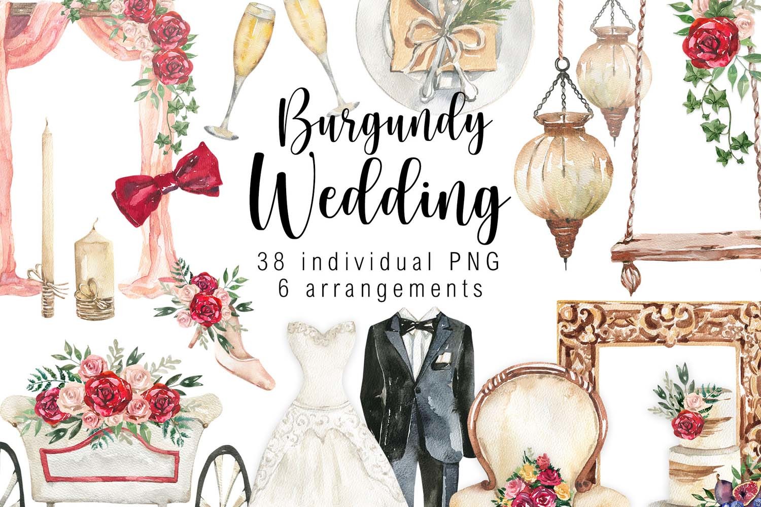 Watercolor Burgundy Wedding Clipart - photo 1