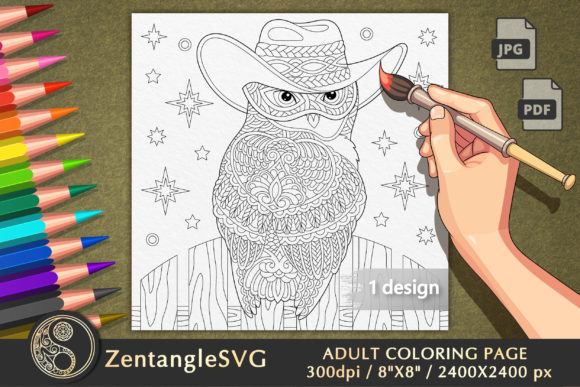 Cowboy Owl Coloring Page for Adults
