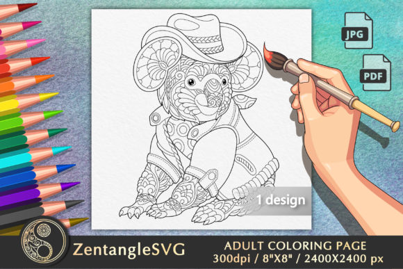 Koala Cowboy Coloring Page for Adults
