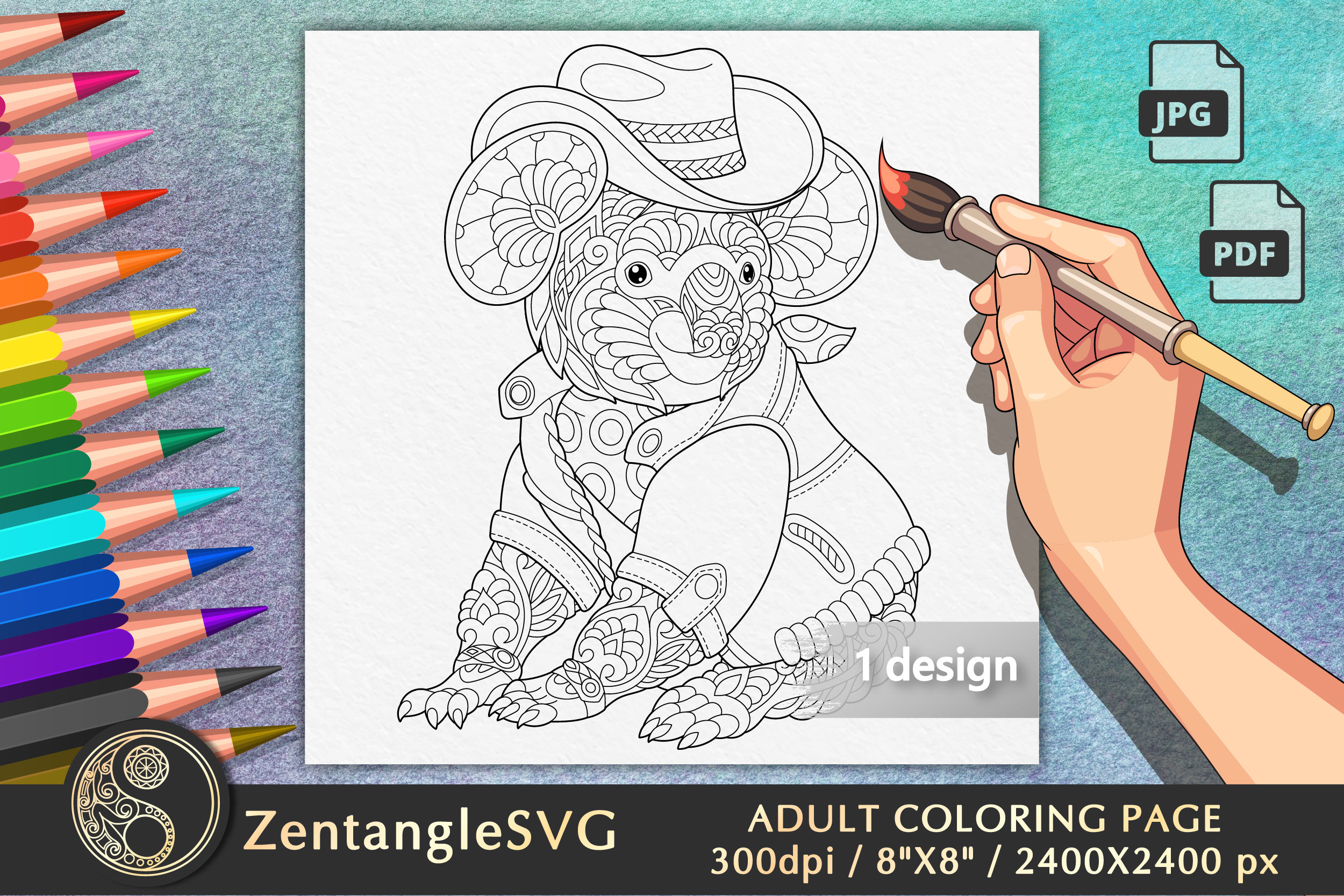 Koala Cowboy Coloring Page for Adults