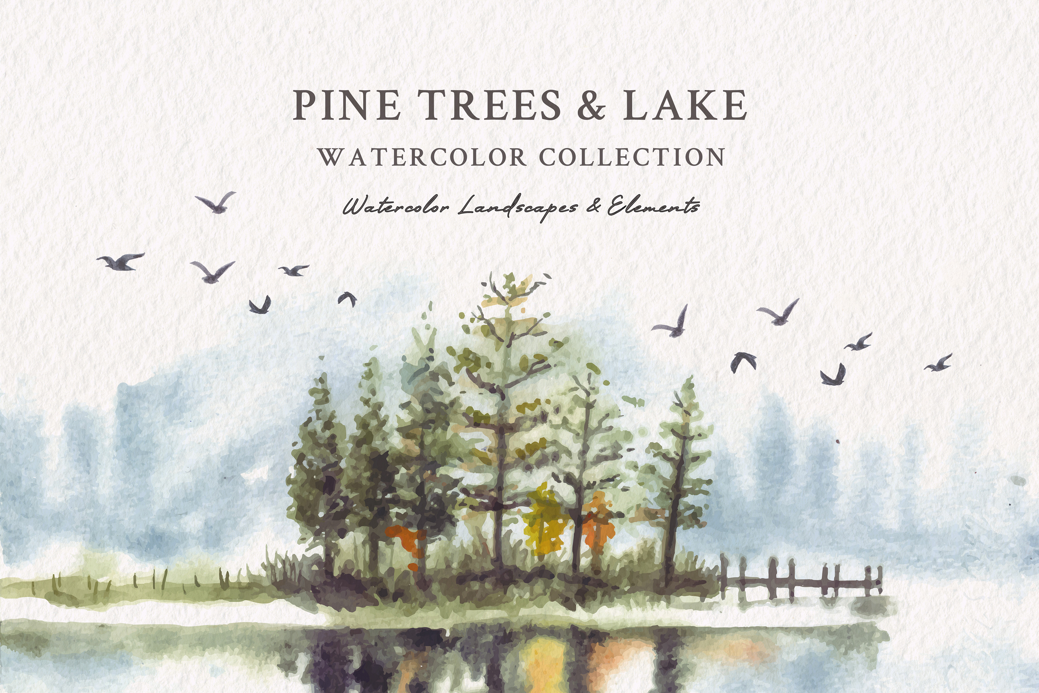 Watercolor Pine Trees & Lake