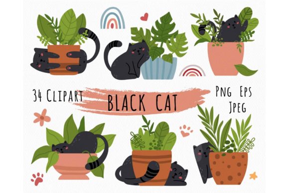 Cute cartoon black cat PNG clip art set chibi cat svg